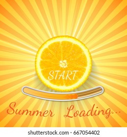 Fruit Orange. Summer loading bar orange background with sun rays and sun flash. Vector