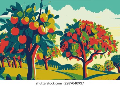 Fruit orchard in summer, vector illustration.