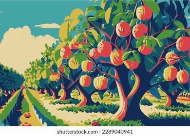 Fruit orchard in summer, vector illustration.
