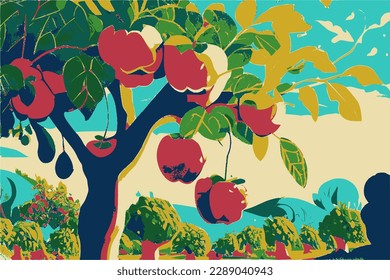 Fruit orchard in summer, vector illustration.