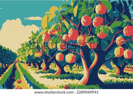 Fruit orchard in summer, vector illustration.