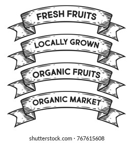 Fruit organic market, locally grown fruits badge emblem ribbon. Monochrome set vintage engraving sign isolated. Sketch hand drawn illustration retro style.