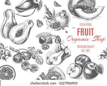 Fruit organic shop. Banner sketch drawn.