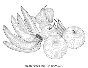 Plan des fruits : bananes, pommes, poires, piments, tomate à base de lignes noires isolée sur fond blanc. Illustration vectorielle.
