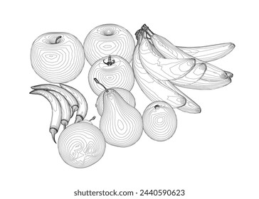Fruit outline: bananas, apples, pears, peppers, tomato made of black lines isolated on a white background. Vector illustration.