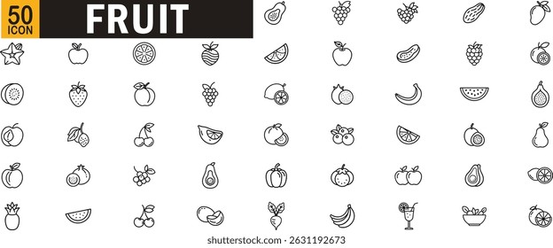 Fruit outline icon set. Tropical, fresh, healthy food symbols including apple, orange, banana, berry, lemon, watermelon, and juice illustrations.