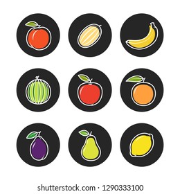 Fruit outline icons on chalk rounds of set. Illustration of fruit banana and pear, plum and orange vector