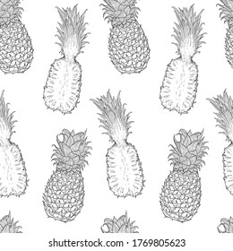 Fruit outline seamless pattern with whole and half pineapple. Natural tropical background for textiles, banner, wrapping paper and other designs