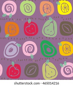 Fruit in ovals in violet, blue, brown, orange, green, pink and yellow with leaves a seamless pattern on a violet background.