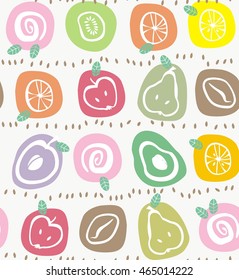 Fruit in ovals white, blue, brown, orange, green, pink and yellow with leaves a seamless pattern on a white background.