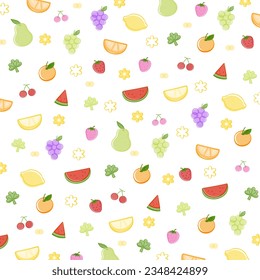 Fruit parade background, wallpaper, template, pattern, fabric print, gift wrap, product packaging. Various fruits of watermelon, pear, grape, lemon, orange, strawberry, cherry and flowers are on it.