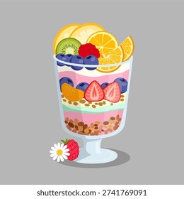 Fruit parfait glass with layers of pink yogurt, granola, sliced oranges, kiwi, and strawberries.