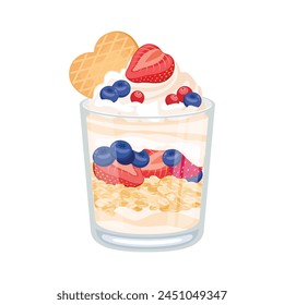 Fruit Parfait with yogurt and granola vector illustration. Delicious layered creamy dessert in a glass icon isolated on a white background. Oat flakes with berries in a glass vector