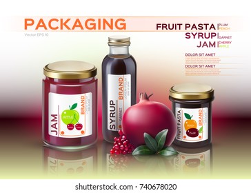 Fruit pasta, jam and syrup bottles mock up. Vector realistic products. 3d packaging label design