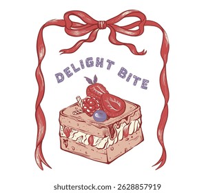 Fruit pastry cake hand drawn vector art, Strawberry cake slice vector illustration, Retro vintage cake artwork for t shirt, poster, print design, wall art