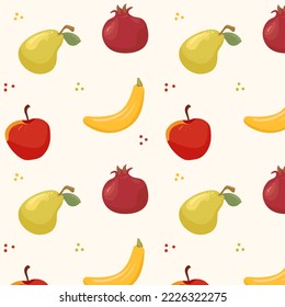 Fruit pattern. Apple, banana, pomegranate, pear on a pattern for textiles, wallpapers, fabrics, backgrounds. Fruits for culinary publics

