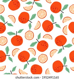 Fruit pattern, Apples, oranges and green leaves, seamless print, ideal for decoration, application on fabric or paper