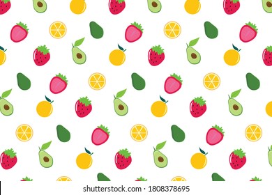 Fruchtmuster. Avocado, Orange, Erdbeere, Satz von Nahtlosen Mustern auf weißem Hintergrund. Vektor EPS10