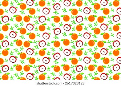 Fruit pattern background with apples, oranges, and leaves. Seamless vector design.