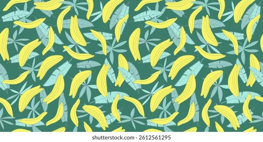 Fruit pattern, bananas and tropical leaves. Seamless color vector background. Palm leaves, nature. Drawing, doodle illustration.