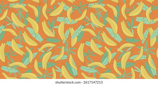 Fruit pattern, bananas and tropical leaves. Seamless color vector background. Palm leaves, nature. Drawing, doodle illustration.