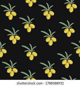fruit Pattern of bunches of sea buckthorn berries and leaves. Color vector illustration on dark background design print for wallpaper and textiles.