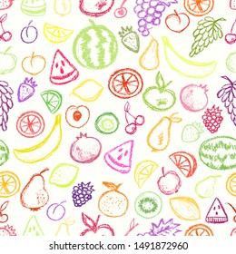 Fruit pattern children drawling style. Colorful bright background. Crayons style icon on white backdrop. Grape, apricot, apple, pear, cherry, watermelon. Seamless texture with hand drawn elements.