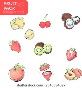 Fruit pattern in children's style, Chalk drawings, Various fruits with colored chalks. Vector illustration of a set of fruits: strawberry, lemon, coconut, peach, cherry on a transparent background. 