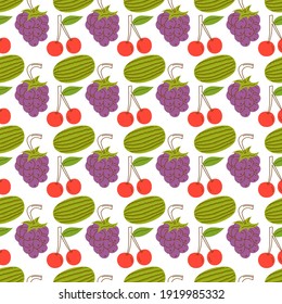 fruit pattern with colorful, watermelon, cherries, grapes. Hand drawn various tasty juicy fruits. Trendy illustration. Flat design. Cartoon style. Colored vector seamless pattern. Black background