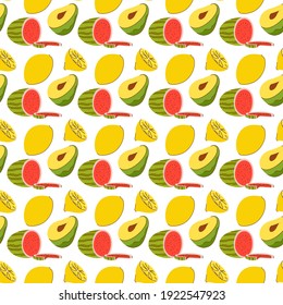 fruit pattern with coloring doodle watermelon, avocado, lemon. Vector Seamless Pattern of Fruits illustration