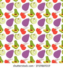 fruit pattern with coloring eggplant, avocados, green apples, cherries. Seamless retro background with fruits and vegetables