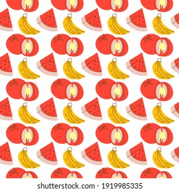 fruit pattern with coloring, watermelon, banana, tomato. Vector seamless pattern of vegetable and fruit