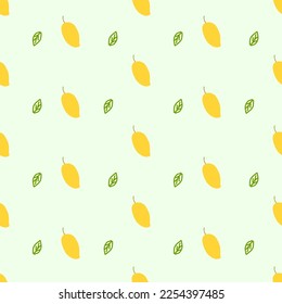 Fruit pattern created from geometric shapes. Yellow mangoes and green leaves on light yellow background make book covers, handkerchiefs, socks, clothes, hats, cases.