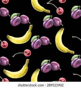 Fruit pattern fabric with bananas, plums and cherries, vector illustration