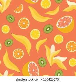 Fruit pattern featuring orange, lemon, banana, kiwi, grapefruit on orange background. Vector seamless pattern.