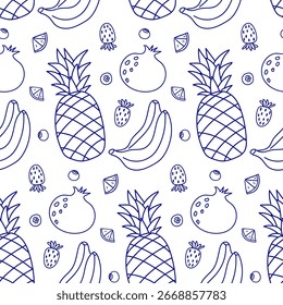Padrão de frutas com abacaxis, bananas, romãs, morangos e citros em um fundo branco simples