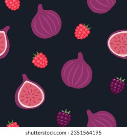 Fruit pattern with figs and raspberries. Vector seamless texure.
