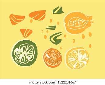 Fruit pattern.  
Fresh fruits (orange, lime, lemon, papaya) are presented at work.