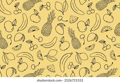 Fruchtmuster, frische Früchte und Scheiben von Ananas, Zitrone, Apfel, Banane, Mango und Kirsche handgezeichnet, Vektordesign von Fruchtpapier zum Bedrucken, nahtloser Druck