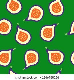 Fruit pattern. Green background, ripe figs. Good for postcards, packaging, banner. Simple seamless pattern.