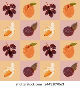 Fruit pattern with grunge risograph imitation. Retro style. Healthy food concept. Different tropical fruits in contrast squares. Trendy print design for textile, wallpaper, wrapping