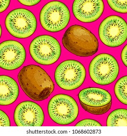 Fruit pattern illustration. Sliced kiwi vector doodle background. Black and white background