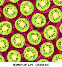 Fruit pattern illustration. Sliced kiwi vector doodle background. Black and white background
