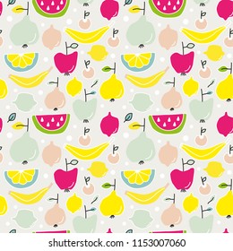 FRUIT PATTERN ILLUSTRATION WITH WATERMELON, PEARS, CHERRY, APPLES, LEMON