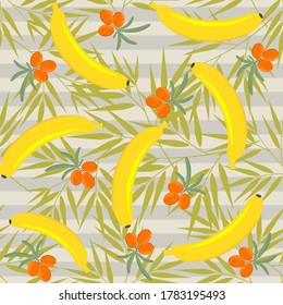 Obstmuster mit dem Bild einer Banane, Seeborn und Palmenblätter, Vektorgrafik, beiger Streifen Hintergrund. Textur, Druck, Design, Dekoration,