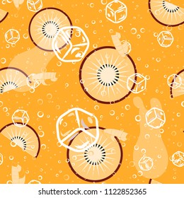Fruit pattern with kiwi and ice cubes. Stylish background with kiwi for fabric, cover, plastic. Cold cocktail with kiwi. Freshness