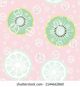 Fruit pattern with kiwi and ice cubes. Stylish background with kiwi for fabric, cover, plastic. Cold cocktail with kiwi. Freshness