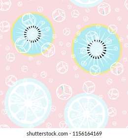 Fruit pattern with kiwi and ice cubes. Stylish background with kiwi for fabric, cover, plastic. Cold cocktail with kiwi. Freshness