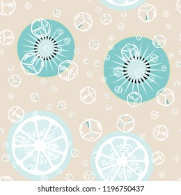 Fruit pattern with kiwi and ice cubes. Stylish background with kiwi for fabric, cover, plastic. Cold cocktail with kiwi. Freshness