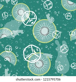 Fruit pattern with kiwi and ice cubes. Stylish background with kiwi for fabric, cover, plastic. Cold cocktail with kiwi. Freshness